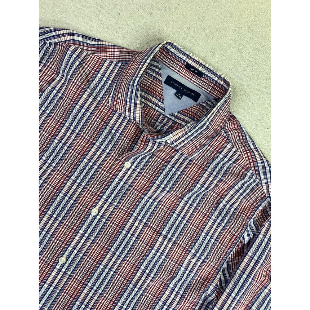 Tommy Hilfiger Shirt Mens 16 34-35 Red Blue Plaid Slim Fit Button Front